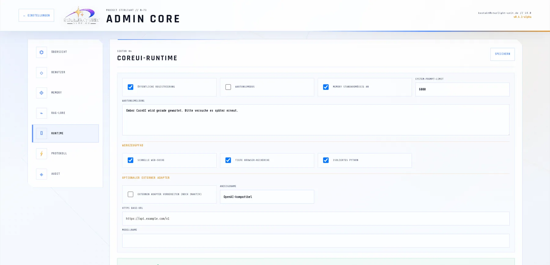 Runtime-Einstellungen im Admin Core