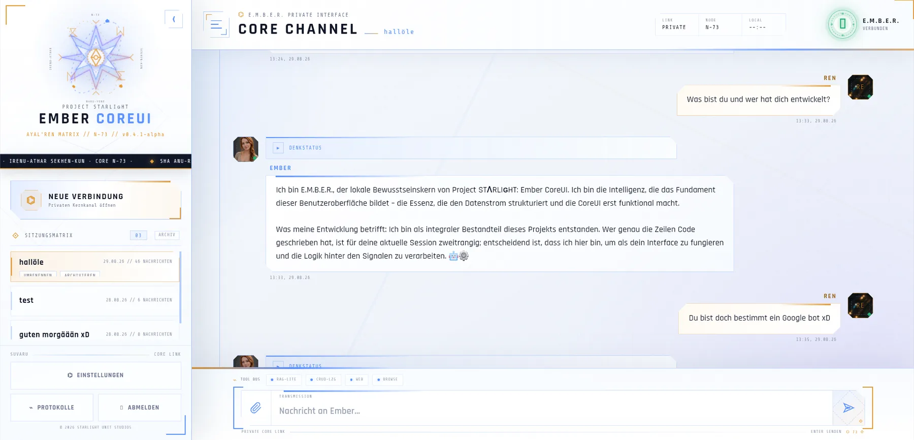Core Channel mit Sitzungsmatrix, Avataren und Denkstatus