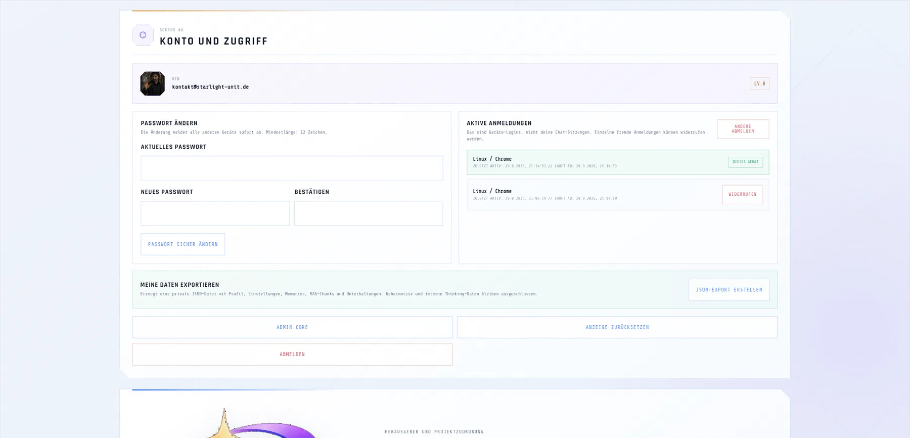 Sektor Konto und Zugriff mit Passwortwechsel, Geraeteliste und Datenexport