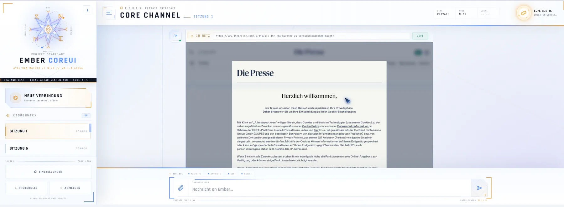 Core Channel mit eingebettetem Live-Browser-Fenster und sichtbarem Ghost-Cursor