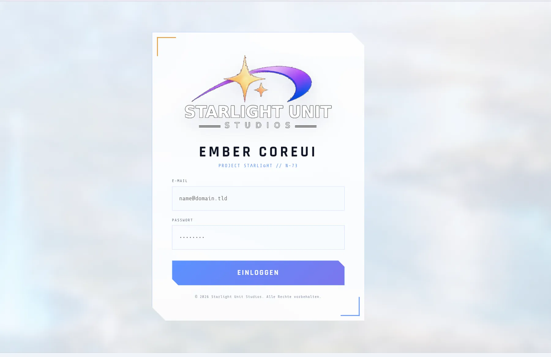 Login-Maske von Ember CoreUI mit Starlight-Unit-Studios-Logo